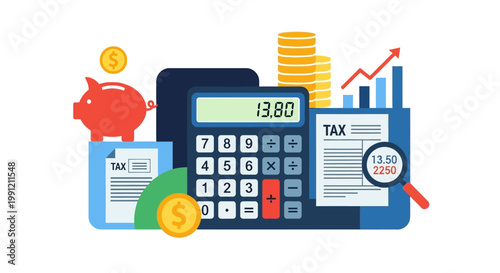 Calculator with tax documents and coins.