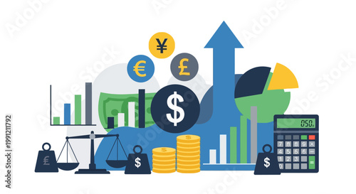 Financial symbols and business icons.