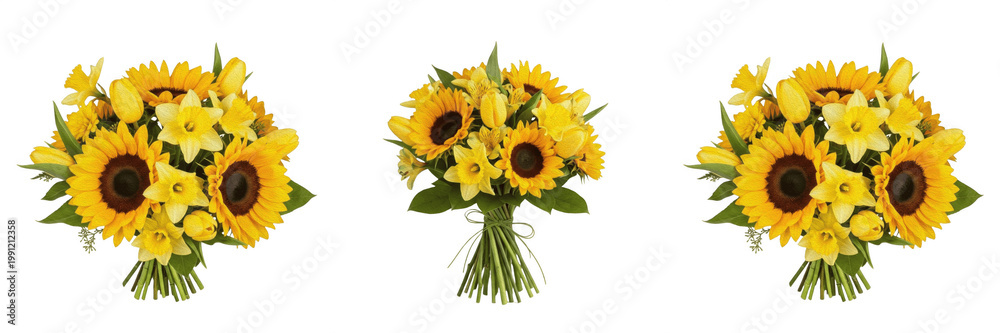 Obraz premium Sunflowers Bouquet: Bright Yellow Floral Arrangement, Summer Garden Flowers, Cheerful Sunflowers in Vase, Botanical Gift Decor PNG.
