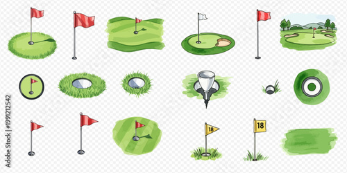 Watercolor golf elements set with flags, holes, and putting greens for sports design.