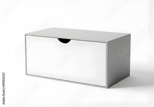 Isolated rectangular white storage box with front cutout handle for packaging, shipping, delivery, inventory organization, storage solution