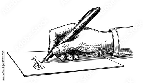 SEO Title
Antique engraving hand signing document with fountain pen vintage writing illustration isolated on white background