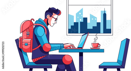 Digital nomad working on laptop in urban coffee shop