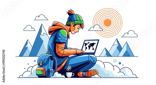 Digital nomad working on laptop in mountain landscape illustration