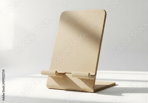 Isolated recycled cardboard phone stand for desk, sustainable office accessory, eco-friendly mobile holder, sustainable workspace