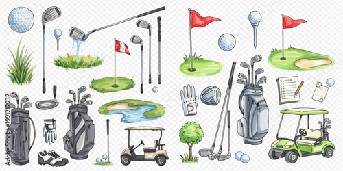 Watercolor golf equipment set with clubs, balls, bags, carts, and course elements for sports and leisure activities.