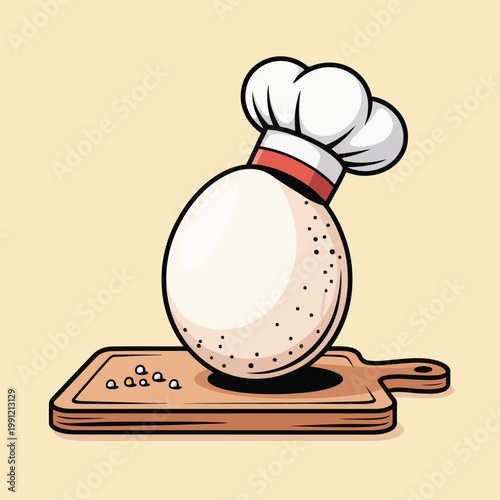 Cartoon egg wearing chef hat on wooden cutting board with peppercorns