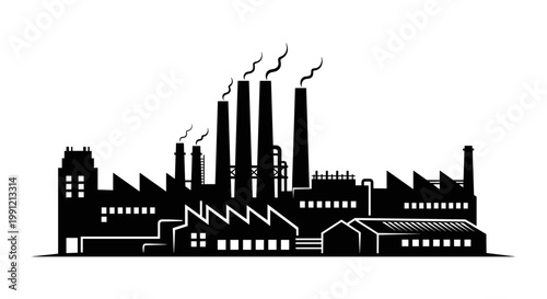 Industrial Factory Building with Smokestacks.