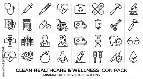 Healthcare And Medical Icon Pack Featuring Modern Hospital Tools Wellness Symbols And Clean Minimal Design Perfect For Medical Applications Health Platforms Infographics And Professional Presentation 