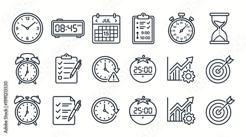 Minimal Productivity Vector Icon Set With Clean Time Tracking And Scheduling Elements Perfect For UI UX Interfaces Planning Tools And Professional Organization Systems