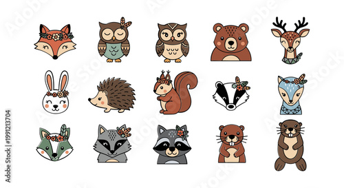 Cute Woodland Animals Collection - Fox, Owl, Bear, Deer, Rabbit, Hedgehog, Squirrel, Badger