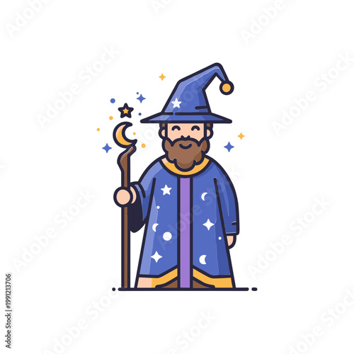 Cute Wizard with Starry Robe and Moon Staff, Magical Fantasy Character Icon