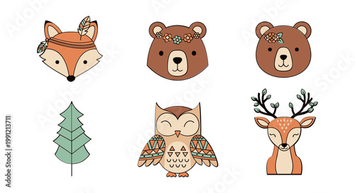 Cute Woodland Animals Collection: Fox, Bears, Owl, Deer. Forest Elements.
