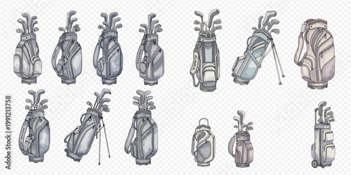 Set of watercolor illustrations of golf bags with clubs, isolated on a transparent background, perfect for sports and leisure designs.