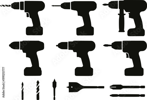Power drill multiple types silhouette vector illustration set