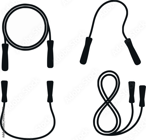 Jump rope skipping multiple poses silhouette vector illustration set