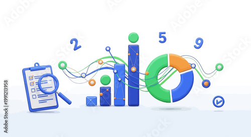 3D business data visualization with charts checklist and magnifying glass