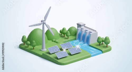 3D isometric illustration of renewable green energy sources
