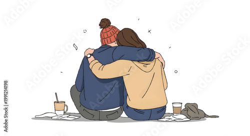 Minimalist Illustration of a Couple Hugging from Behind, Concept of Support and Friendship