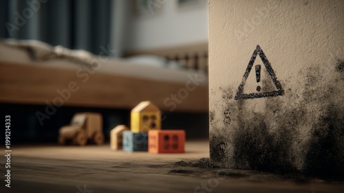 Stachybotrys chartarum black mold on the wall of a child's room is marked with a warning