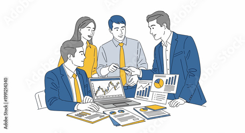 Business Team Meeting Analyzing Financial Charts and Graphs on Laptops