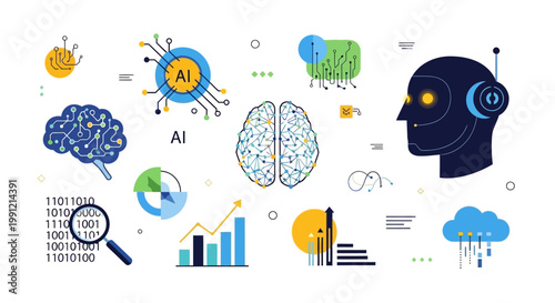 AI technology icons including robot head and digital brain