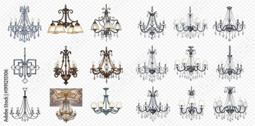 Set of various elegant and antique crystal chandeliers, vintage luxury ceiling lights for interior design, isolated on transparent background.