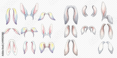 Set of watercolor bunny ears, rabbit ears, and horns for Easter and animal costumes, isolated on transparent background.