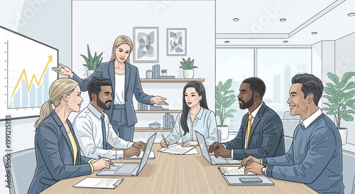 Diverse business team in meeting, woman presenting growth chart on screen