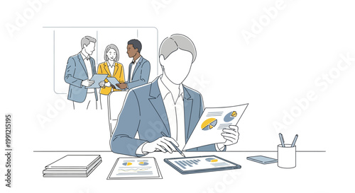 Business team analyzing financial reports at desk with charts and graphs