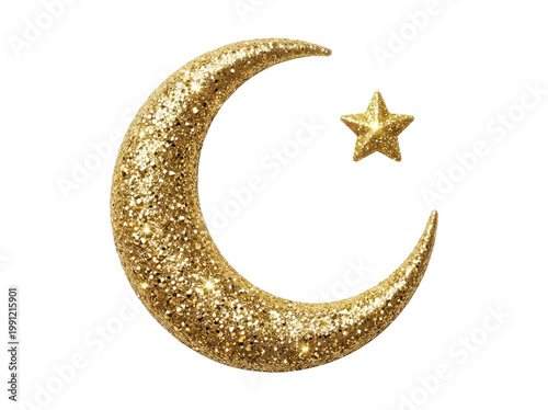 A shimmering golden crescent moon and star symbol, representing islamic culture and spirituality, isolated on a clean white background.