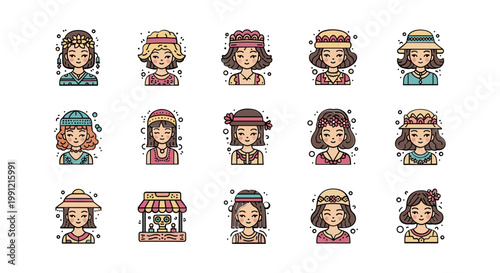 Diverse Cartoon Girls Collection: Summer Hats & Outfits, Pixel Art Style