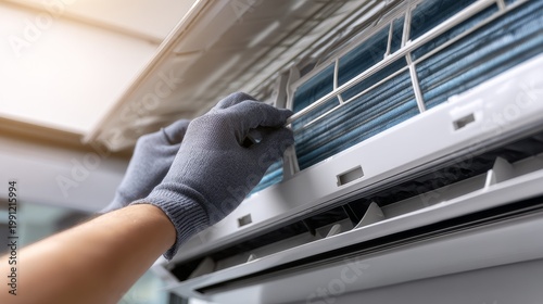 Close-up of hands cleaning the air blades of a wall-mounted air conditioner