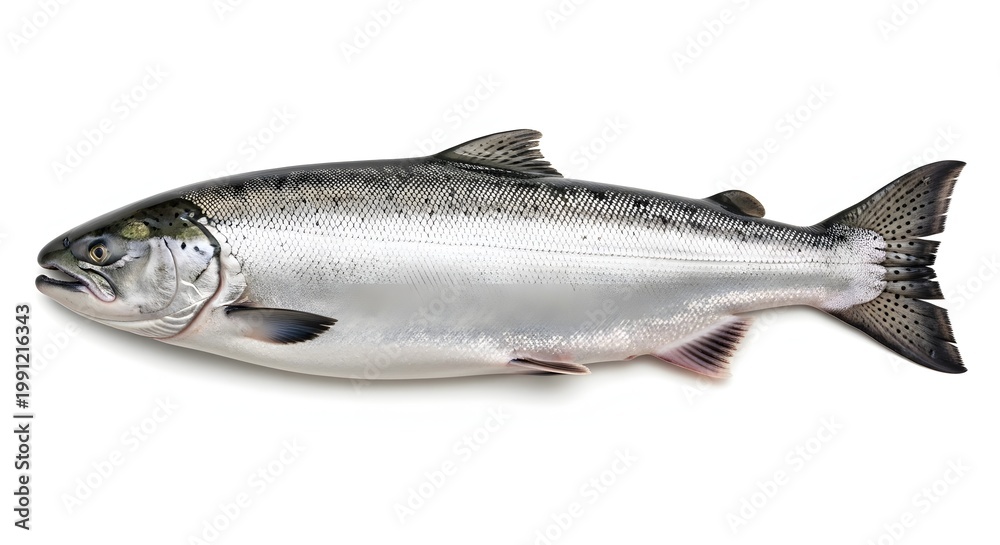 Obraz premium Freshly Caught Salmon Ready for Market or Cooking Preparation on a White Background Displaying Silver Scales and Distinctive Fin Structure