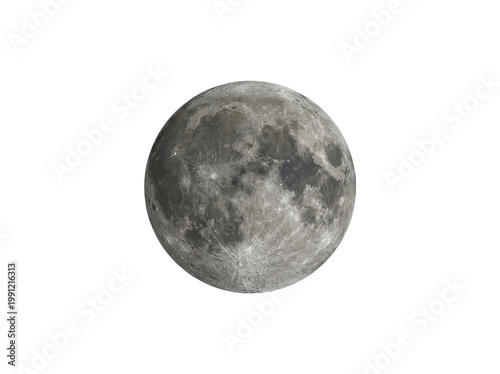 A detailed close-up shot of the full moon, showcasing its craters and texture, against a clean white background, with a cool, serene mood.