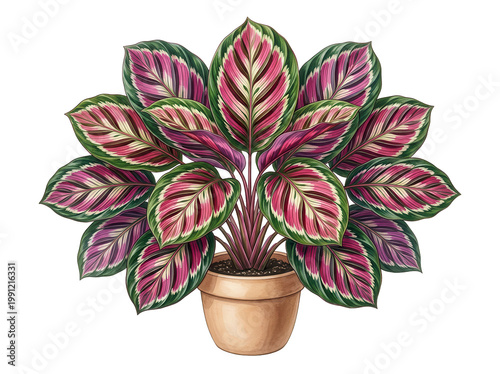 A vibrant calathea medallion plant with striking pink and green patterned leaves is showcased in a terracotta pot against a clean white background.