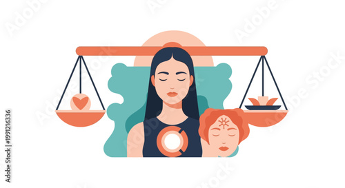 Woman balancing heart and brain scales.