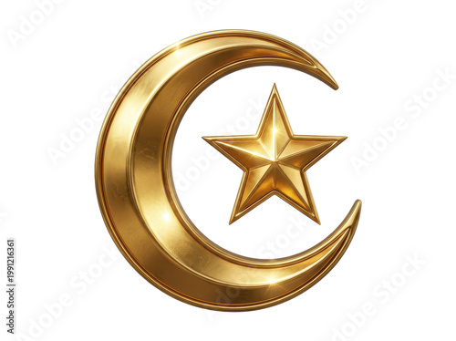 Golden crescent moon and star symbol, representing islam, isolated on a clean white background with a bright, luxurious feel.