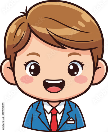 Cute cartoon illustration of a friendly business professional, a cheerful male character in a stylish suit and tie, perfect for avatar or corporate design