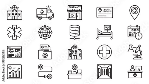 Set of medical and healthcare icons featuring hospitals, ambulances, and medical equipment, suitable for digital and print applications