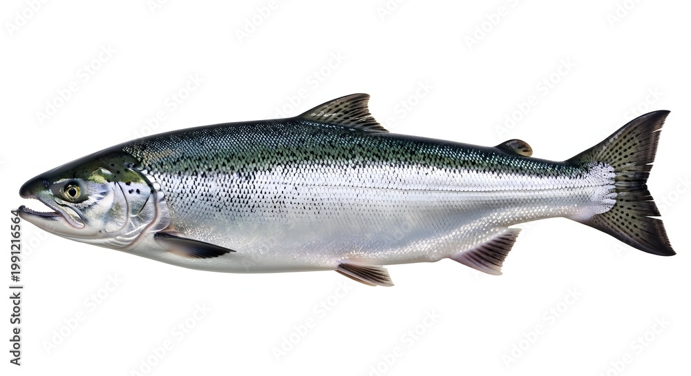 Obraz premium Freshly Caught Chinook Salmon Ready for Culinary Preparation a Nutritious and Healthy Seafood Option Showing Scales and Fins on White