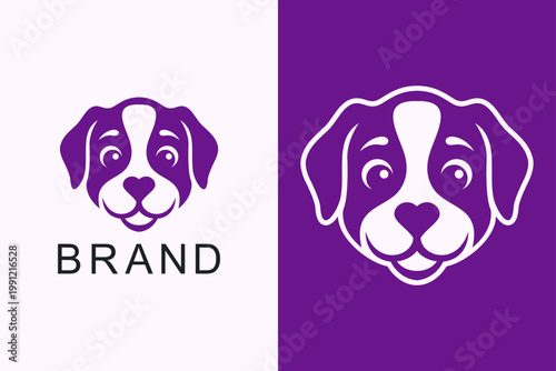 Modern Minimalist Cute Dog Mascot Logo Design, Purple Puppy Heart Nose Negative Space Vector Emblem Badge