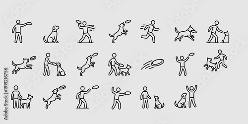 icon set collection of people playing frisbee with dogs, featuring training sessions, jumping catch movements, and outdoor pet leisure activities.