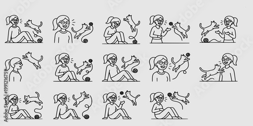 icon set collection of a woman playing with her cat using yarn balls, showcasing happy pet owner interactions and feline playfulness.