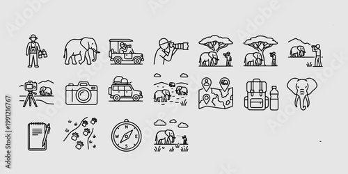 icon set collection of elephant safari adventure, including wildlife photography, tourist vehicles, binoculars, savanna landscapes, and professional nature conservation equipment.