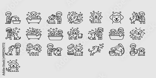 icon set collection of cute puppies taking a bath, featuring bubbles, bathtubs, washing activities, and pet grooming care for children.