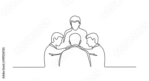 Teamwork support concept: group of people in circle, one person in center, hands on shoulders