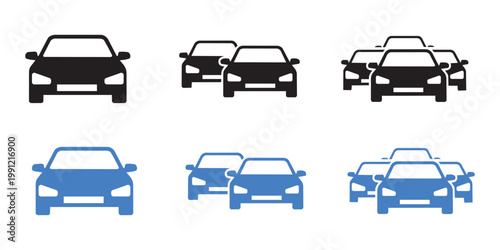 Car icons black and blue silhouettes depicting increasing numbers of vehicles