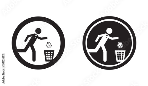 Tidyman symbol vector set. Keep clean sign with person throwing garbage in bin icon.