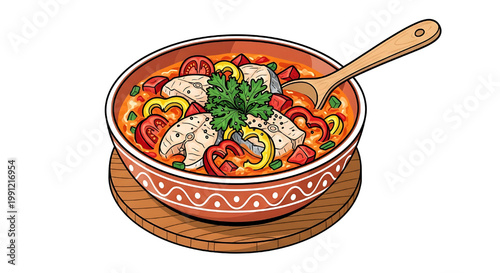 Moqueca, a traditional Brazilian dish made with fish fillets. It can be prepared with fish, shellfish, crustaceans, bell peppers, tomatoes, garlic, and spices. Cartoon-style image.
